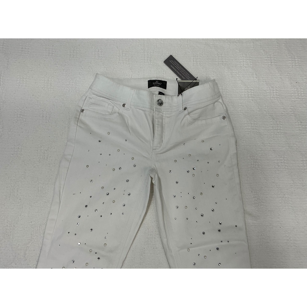 Chico's So Slimming White Ankle Jeans Faux Pearl Rhinestone Embellished Size 00